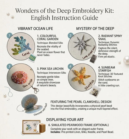 English instruction guide for Wonders of the Deep embroidery kit with ocean life patterns.