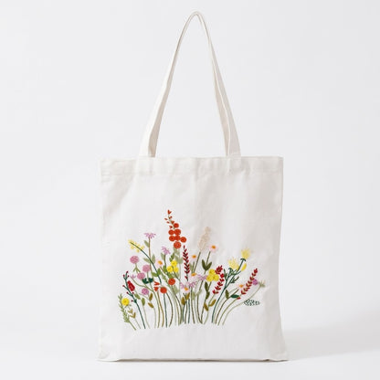 DIY floral embroidered tote bag for women with colorful wildflower pattern