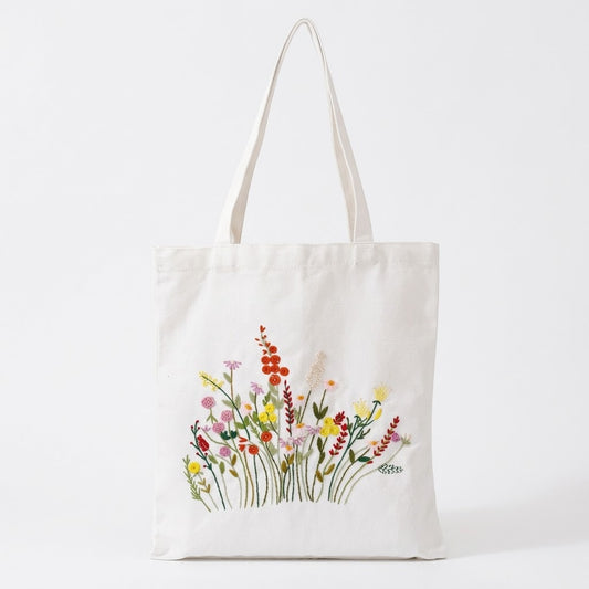 DIY floral embroidered tote bag for women with colorful wildflower pattern