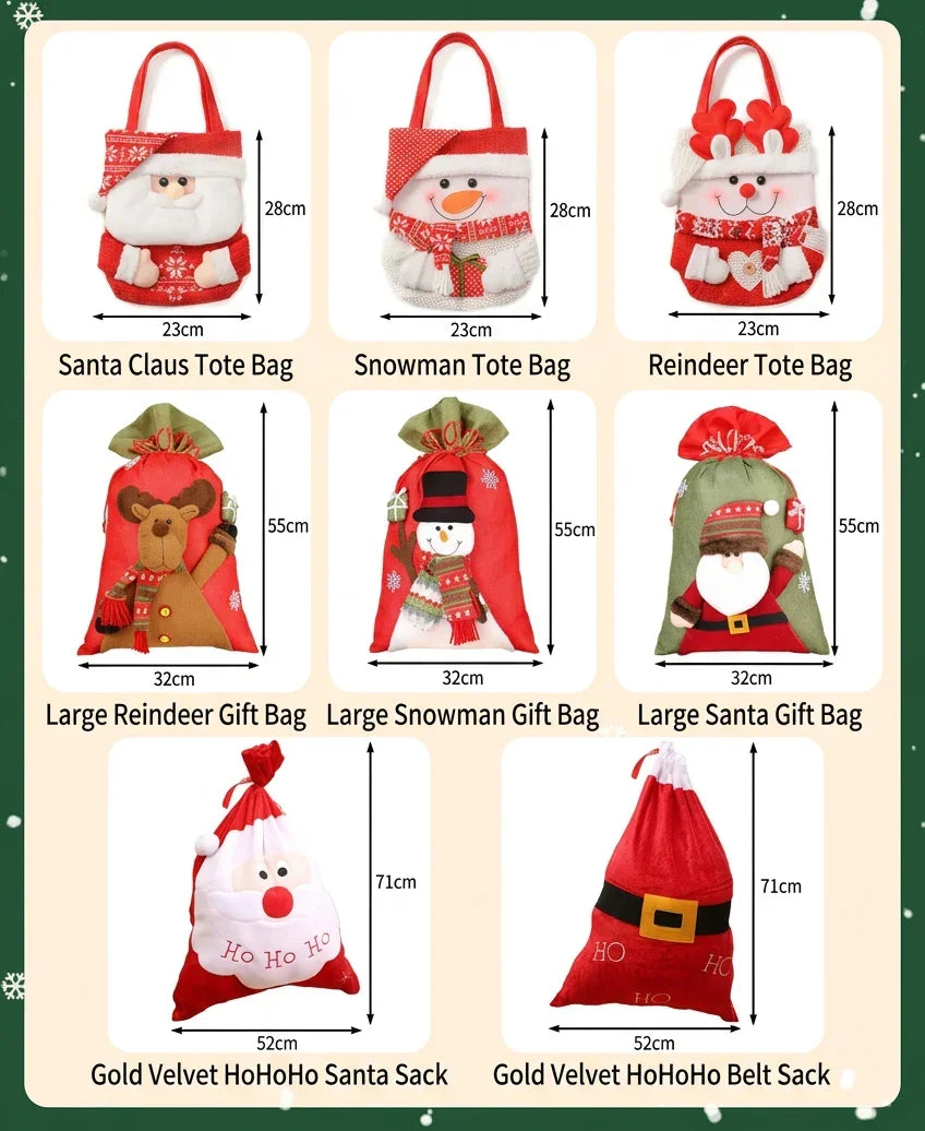 Assorted Christmas gift bags including Santa, Snowman, and Reindeer themed knitted pouches.