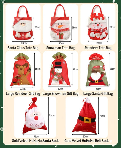 Assorted Christmas gift bags including Santa, Snowman, and Reindeer themed knitted pouches.