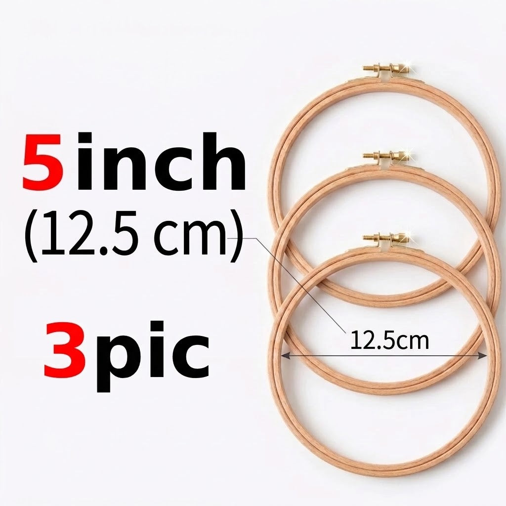 Set of three 5 inch (12.5 cm) round wooden embroidery hoops for crafting.