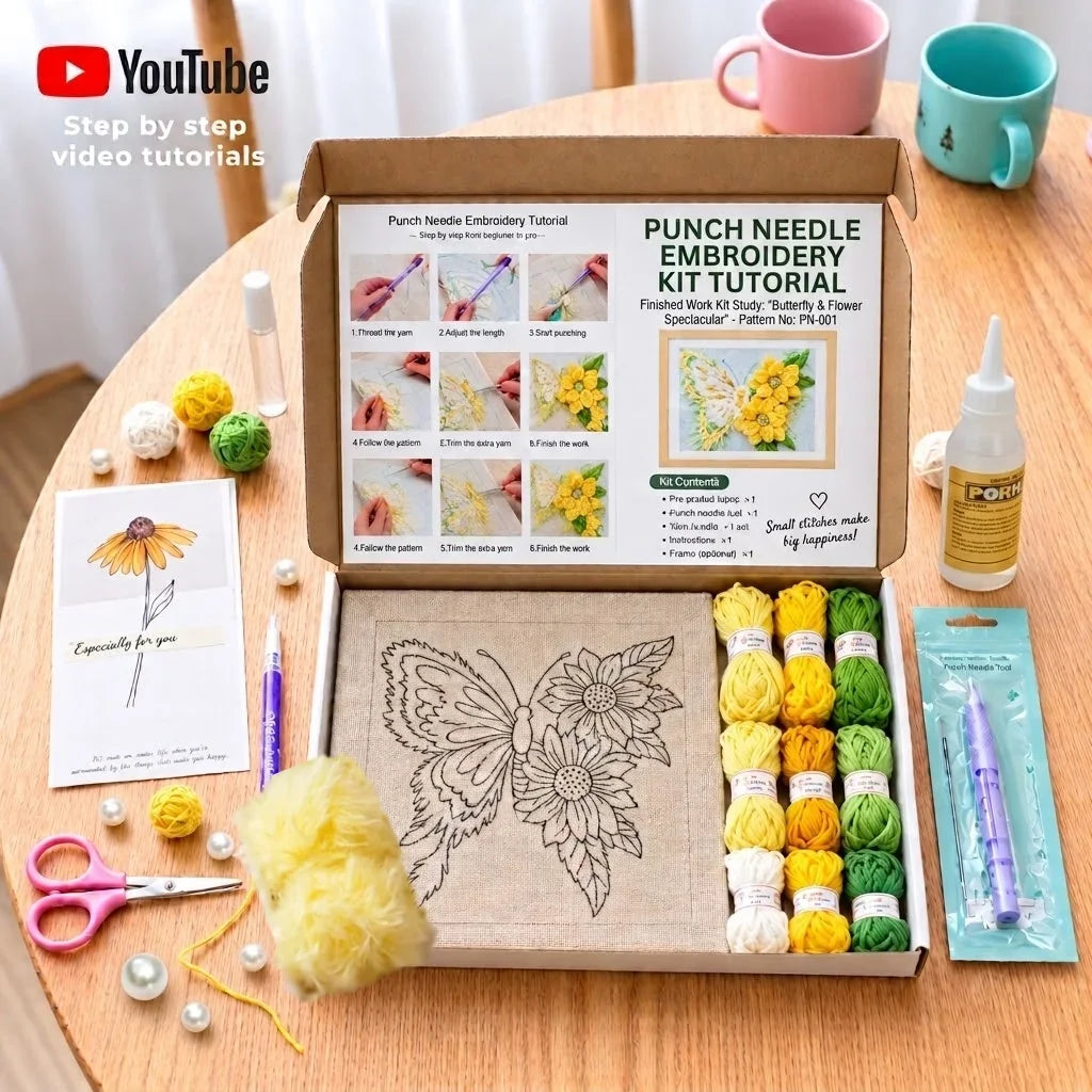 Calivra Craft Butterfly DIY embroidery kit with punch needle tools and colorful yarn.