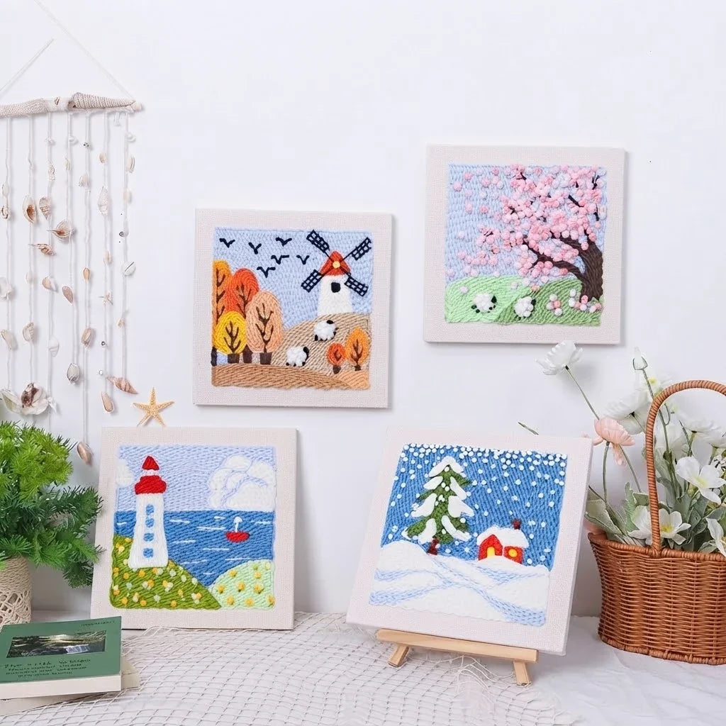 Set of four Calivra Craft DIY embroidery kits featuring landscape scenes in photo frames.