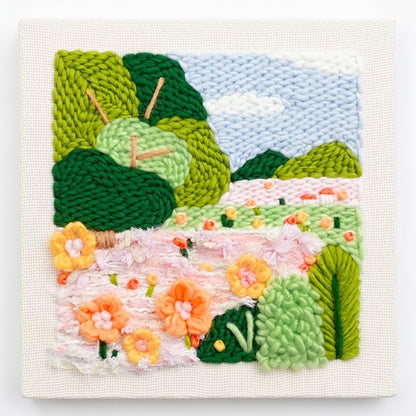 Lakeside Bloom punch needle embroidery kit by Calivra Craft featuring a colorful landscape.