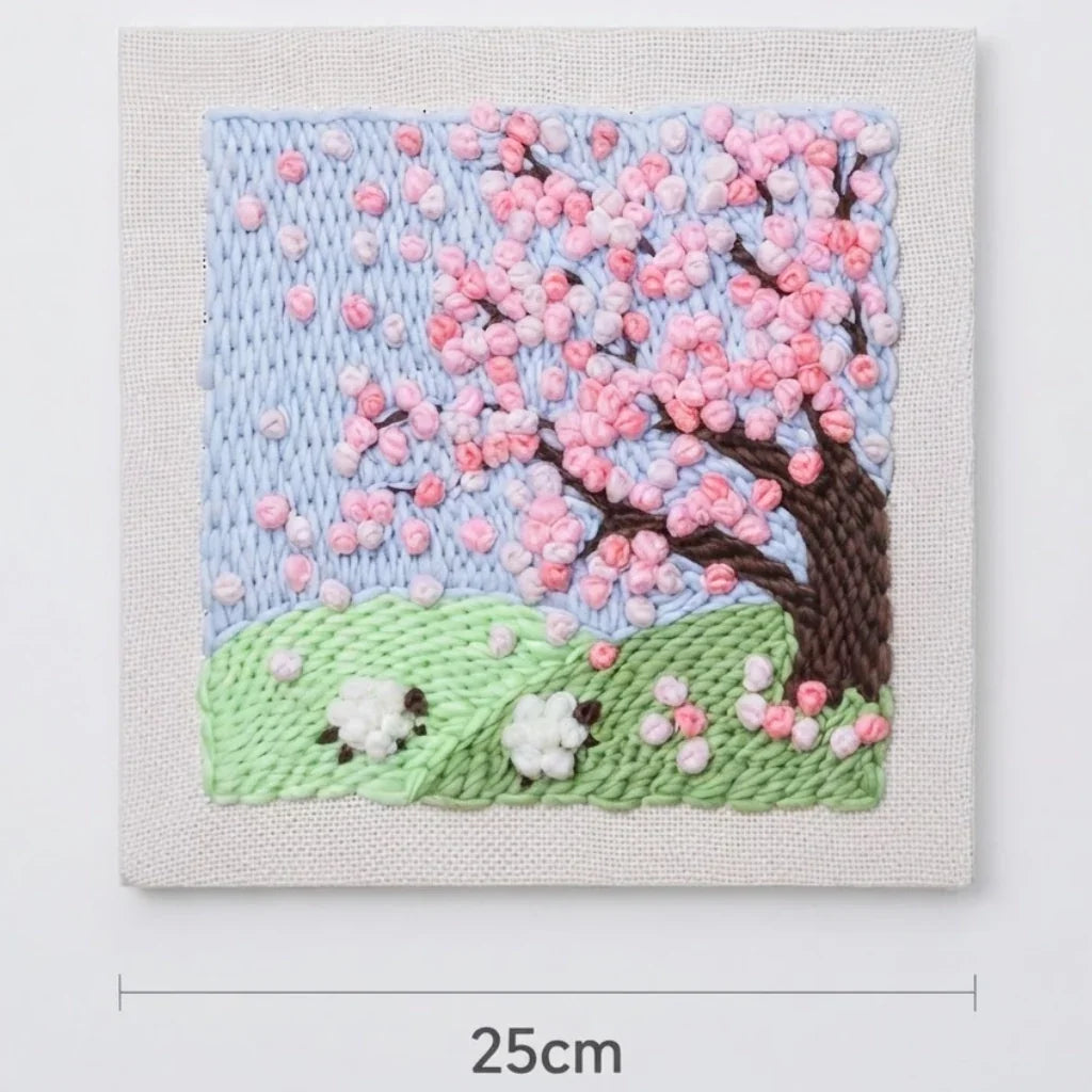 Calivra Craft DIY embroidery kit featuring a textured cherry blossom tree and green landscape.
