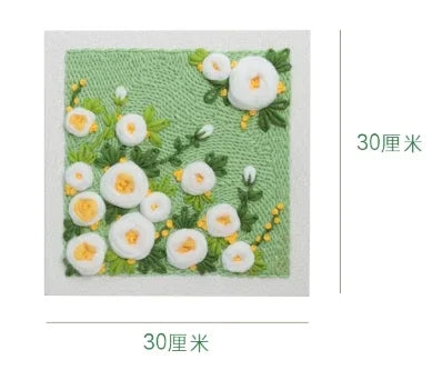 Calivra Craft flower DIY punch needle embroidery kit measuring 30cm by 30cm.