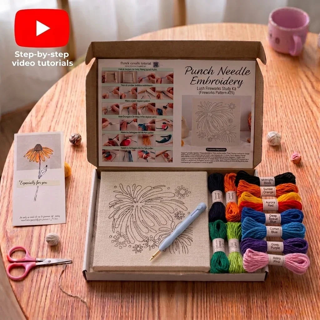 Calivra Craft Bright Fireworks punch needle embroidery kit with colorful yarn and tools.