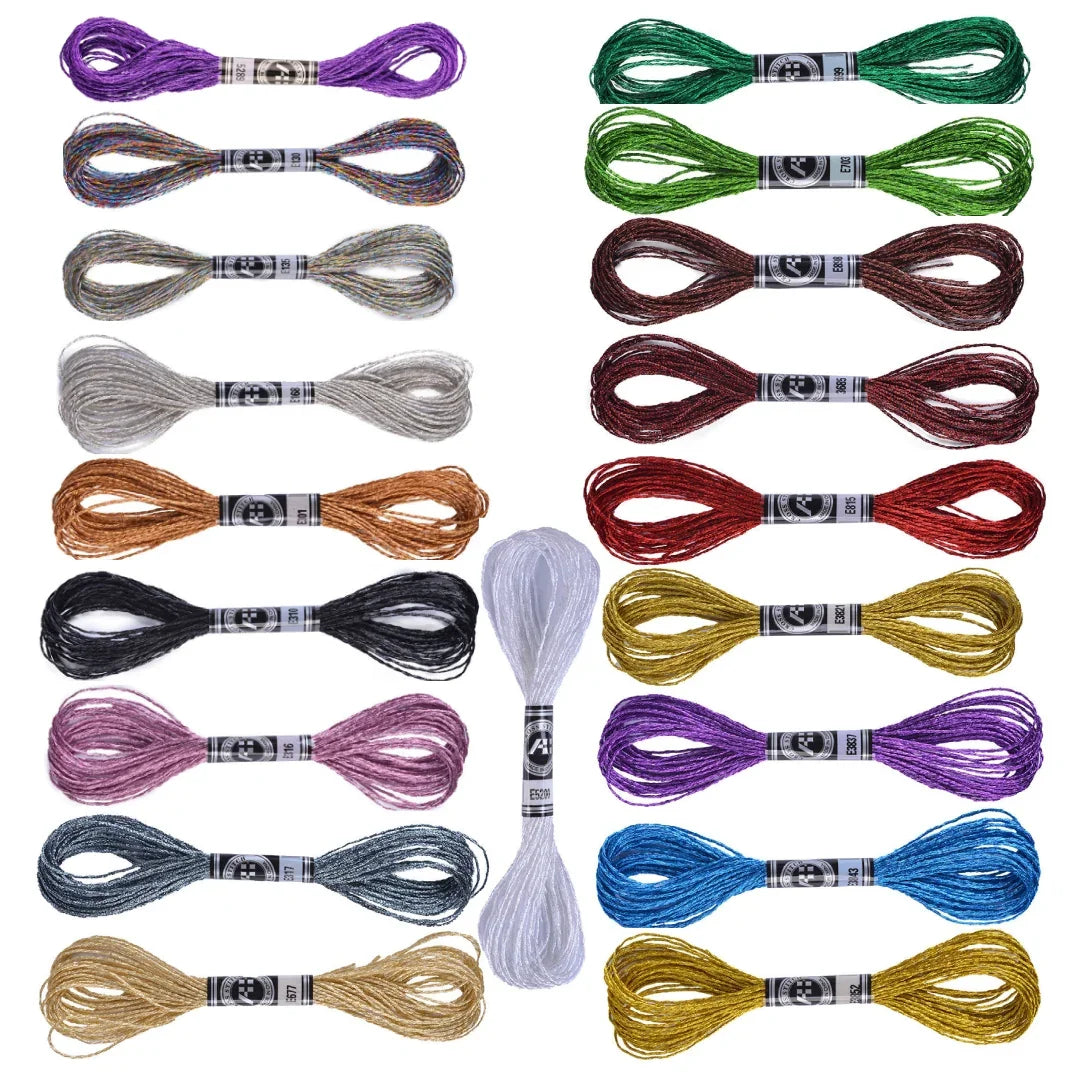 Set of 19 colors of Calivra Craft metallic embroidery floss skeins in various shades.