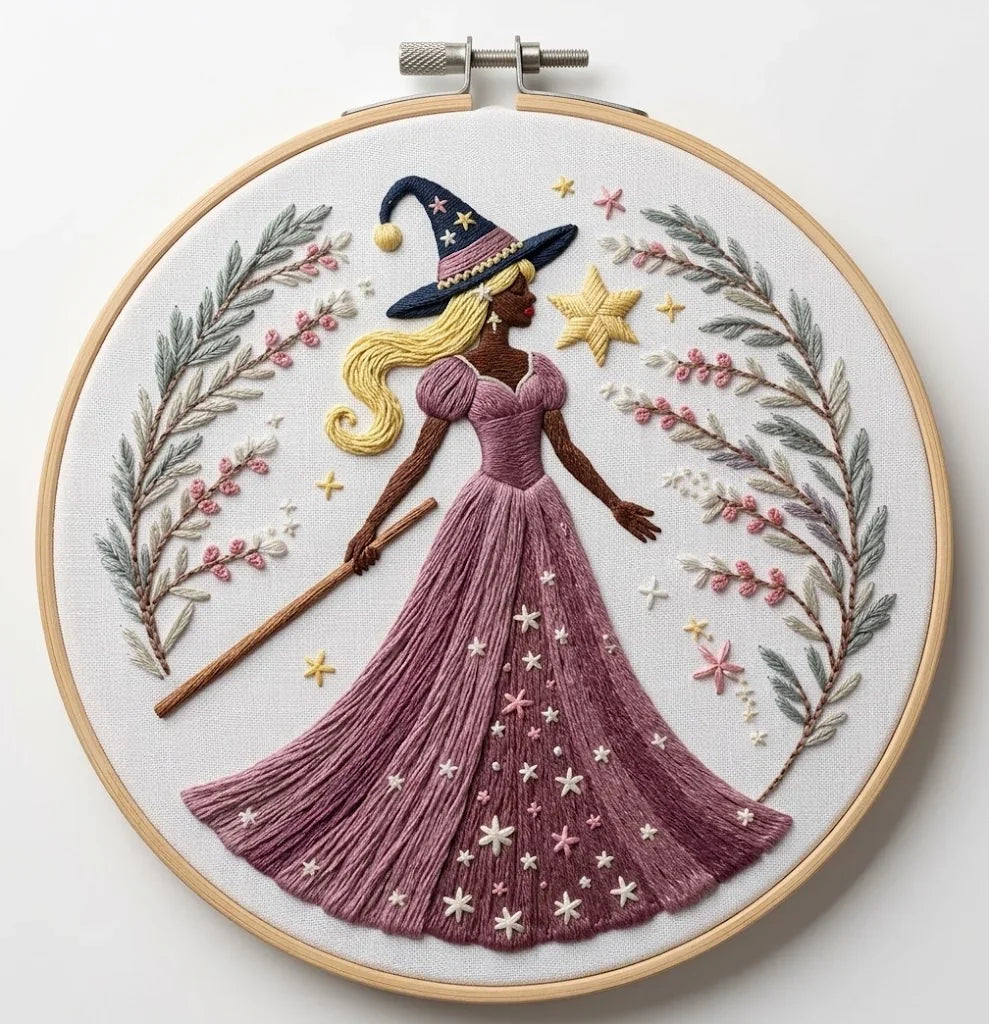 Embroidered hoop art of a witch with blonde hair in a pink gown and pointed hat.