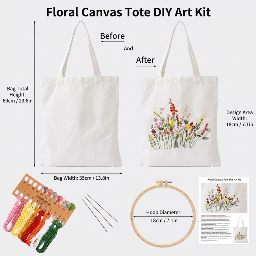 Calivra Craft DIY floral embroidered tote bag kit with canvas bag, threads, and hoop.