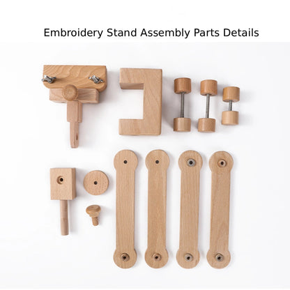 Embroidery stand assembly parts on a white background