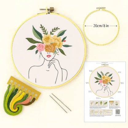 Illustrated stitch guide sheet with full step-by-step video tutorials
Complete thread bundle
A square of cotton fabric featuring the pattern
1 Plastic embroidery hoop(20 cm diameter)
2 Embroidery needles