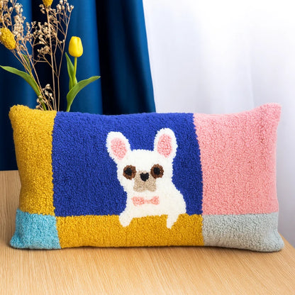 A puppy with a pink bow sits in the center against a colorful block background, simple yet full of playful charm