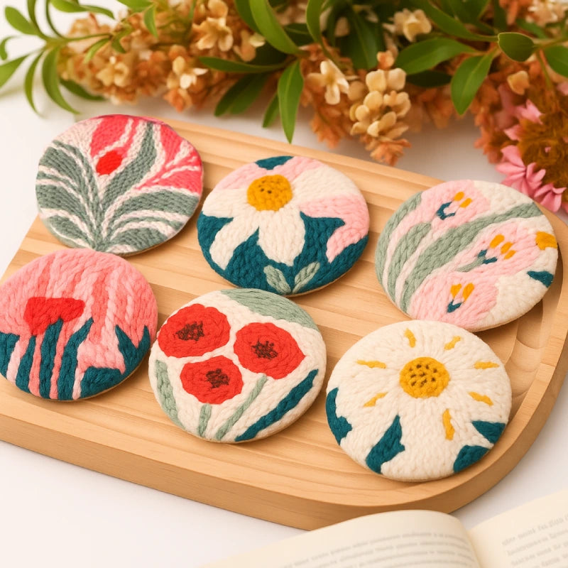 Floral-patterned coasters on a wooden board with flowers in the background