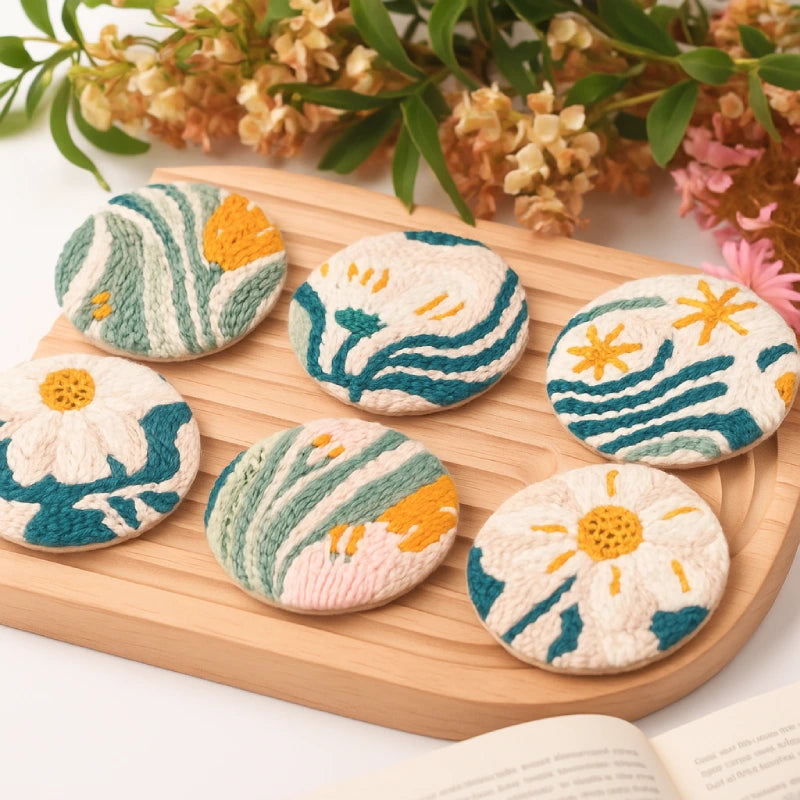 Decorative stones with floral patterns on a wooden board with flowers in the background