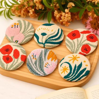 Decorative stones with floral designs on a wooden board with flowers in the background