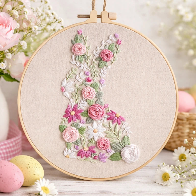 Embroidery hoop with floral design on a light background