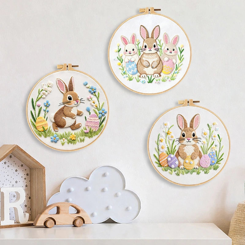 This charming embroidery set showcases adorable bunnies surrounded by vibrant Easter eggs and blooming flowers, creating a joyful and festive atmosphere. The soft, pastel colors and playful design make it perfect for bringing the spirit of Easter and springtime into your home.