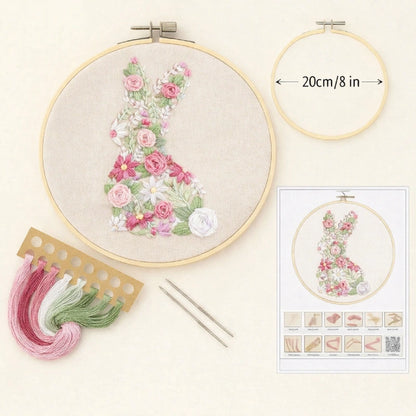 Embroidery hoop with floral design, threads, and a chart on a light background