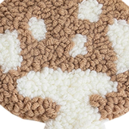 Round crochet rug with brown and white pattern on a white background