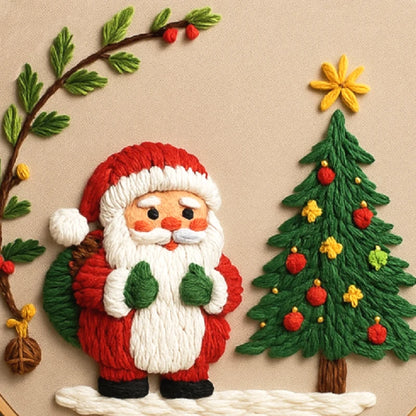 Decorative patch of Santa Claus and a Christmas tree with ornaments on a beige background