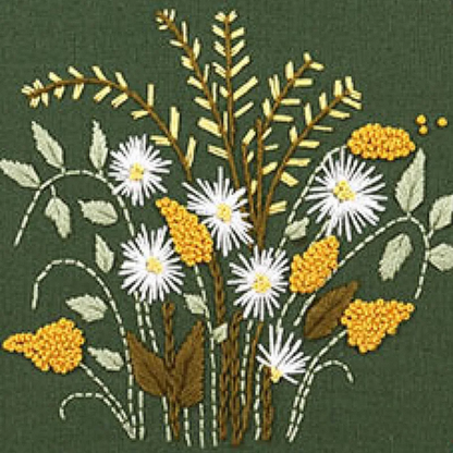 Embroidered floral design on a green fabric background