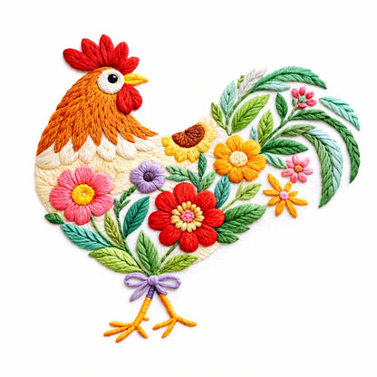 Embroidered design of a rooster with flowers and leaves on a white background