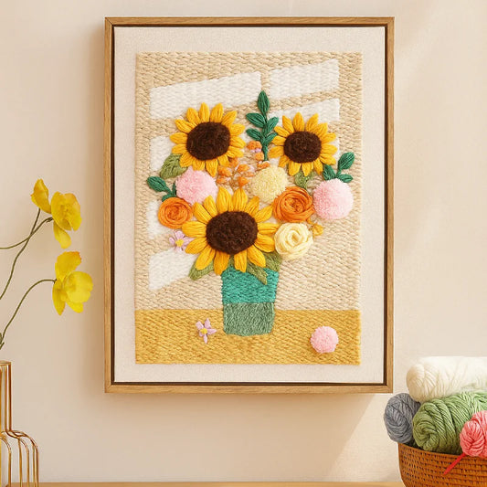 Framed woven art piece with sunflowers and flowers on a beige wall.