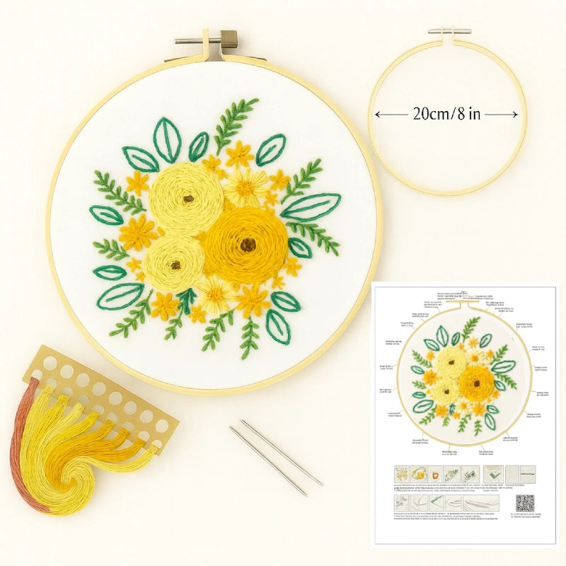 The embroidery kit includes: an embroidery hoop, a thread bundle, an English instruction manual, 2 needles, and one piece of fabric.