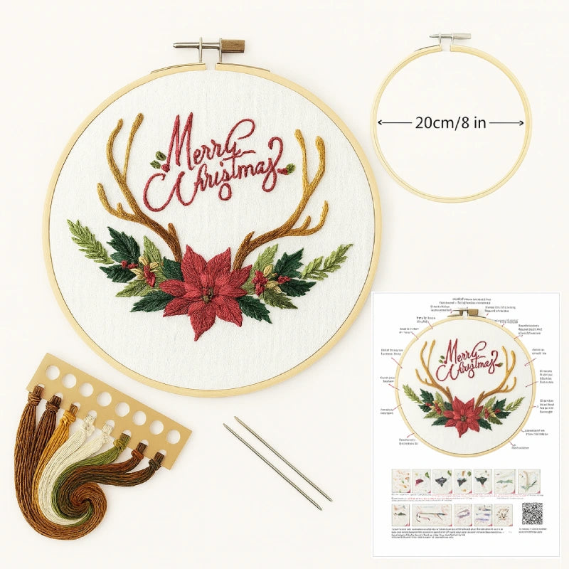 Embroidery hoop with Christmas-themed design, thread set, and pattern guide on a white background