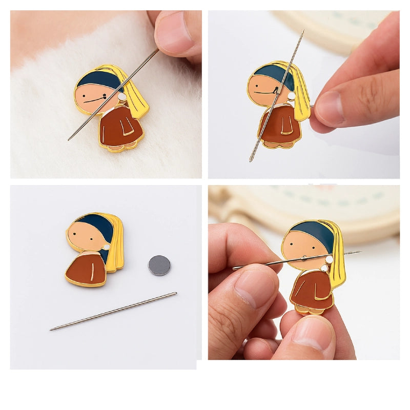 Earring with a design of a girl with a pearl earring being adjusted on a white background.