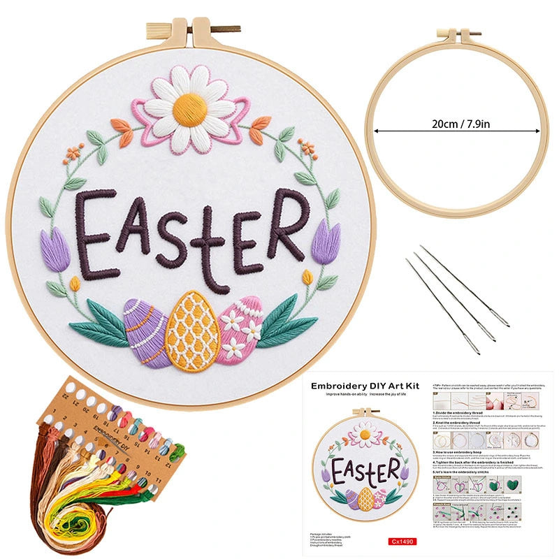 This charming embroidery kit features the word "EASTER" surrounded by delicate flowers, leaves, and pastel Easter eggs. The soft color palette and playful floral elements create a fresh, spring-inspired design, perfect for adding a touch of joy and warmth to your home décor. A lovely way to celebrate the season and enjoy a creative DIY project.
