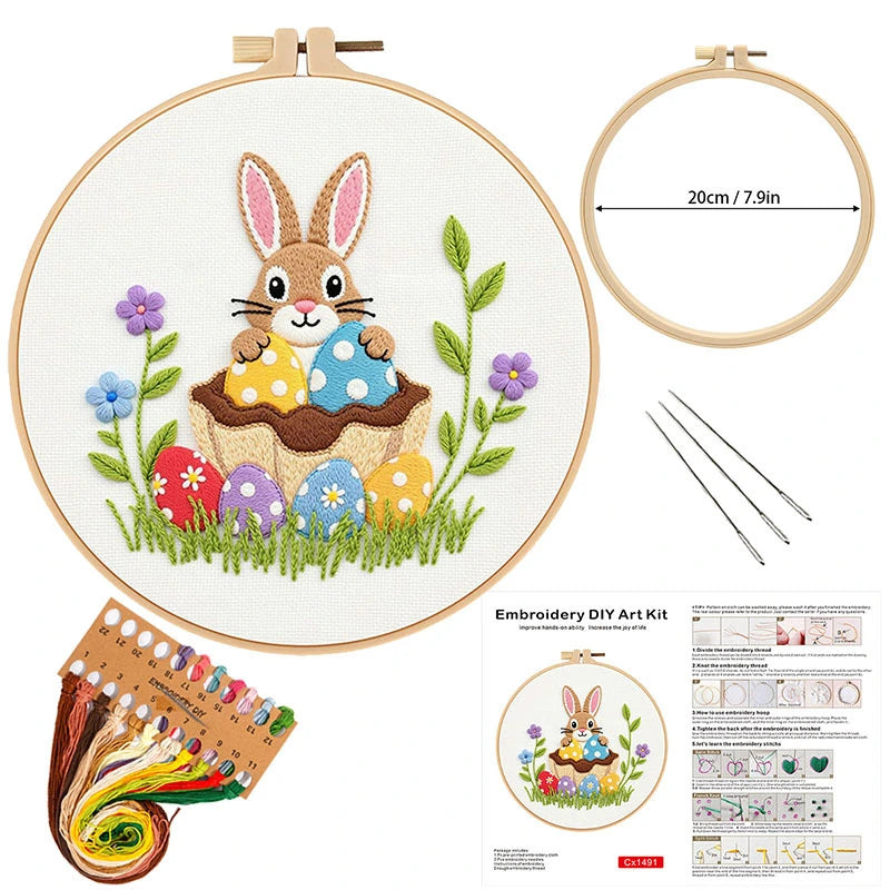 This delightful Easter-themed embroidery kit features a charming bunny nestled among colorful eggs and blooming flowers. The design captures the essence of spring, with vibrant hues and intricate stitching, making it perfect for adding a playful touch to your holiday décor. It includes everything you need to create this cute and festive piece, from threads to needles, offering a fun and rewarding DIY project.