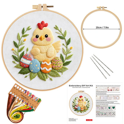 This charming embroidery kit features a cute, fluffy chick nestled among colorful Easter eggs and delicate green foliage. The soft, pastel colors and fine details capture the joy and warmth of the season, making it a perfect addition to your Easter décor or as a thoughtful handmade gift. Celebrate the spirit of renewal and spring with this delightful design.