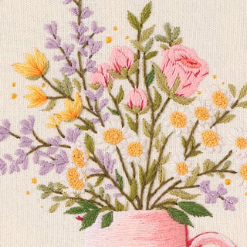Embroidered design of flowers in a pink cup on beige fabric