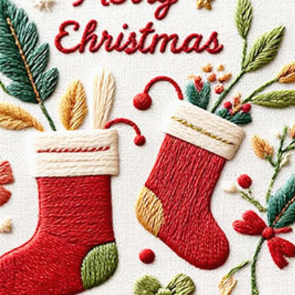 Embroidered design of red Christmas stockings with greenery and 'Merry Christmas' text.