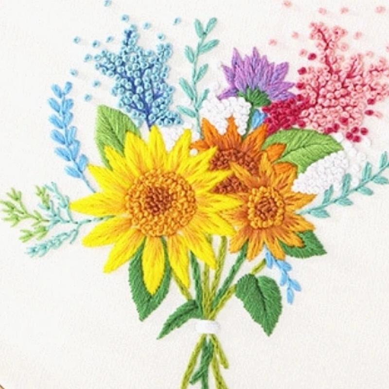 Embroidered design of sunflowers and other flowers on a white background