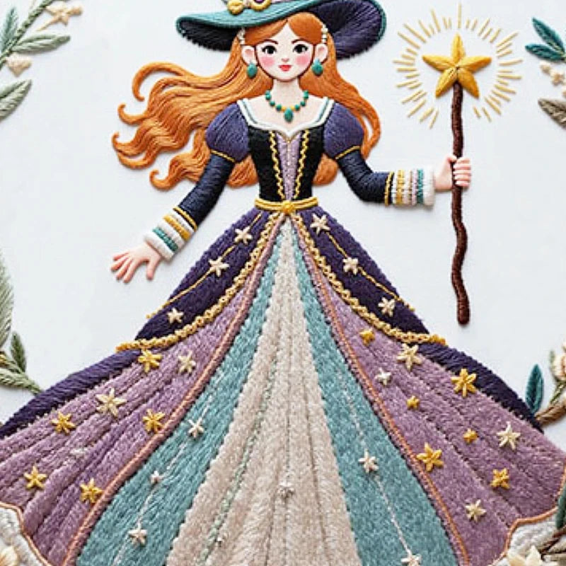 Embroidered design of a fairy in a long, flowing dress with stars and a wand.