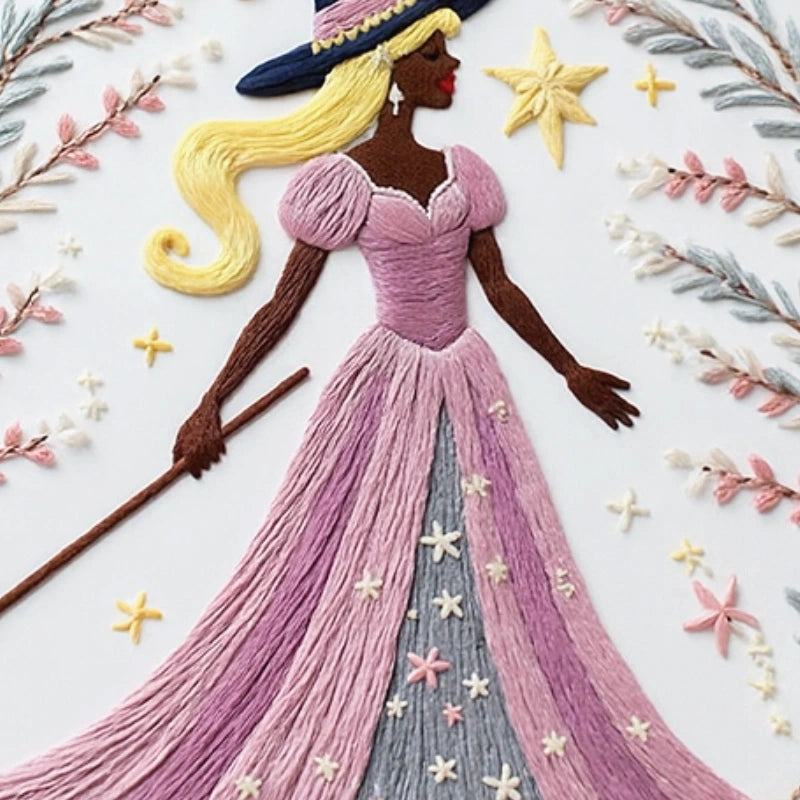 Artistic depiction of a witch in a pink dress with decorative elements on a white background