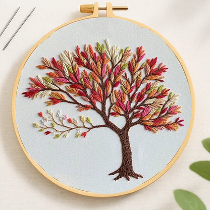 Embroidery hoop with a colorful tree design on light blue fabric.