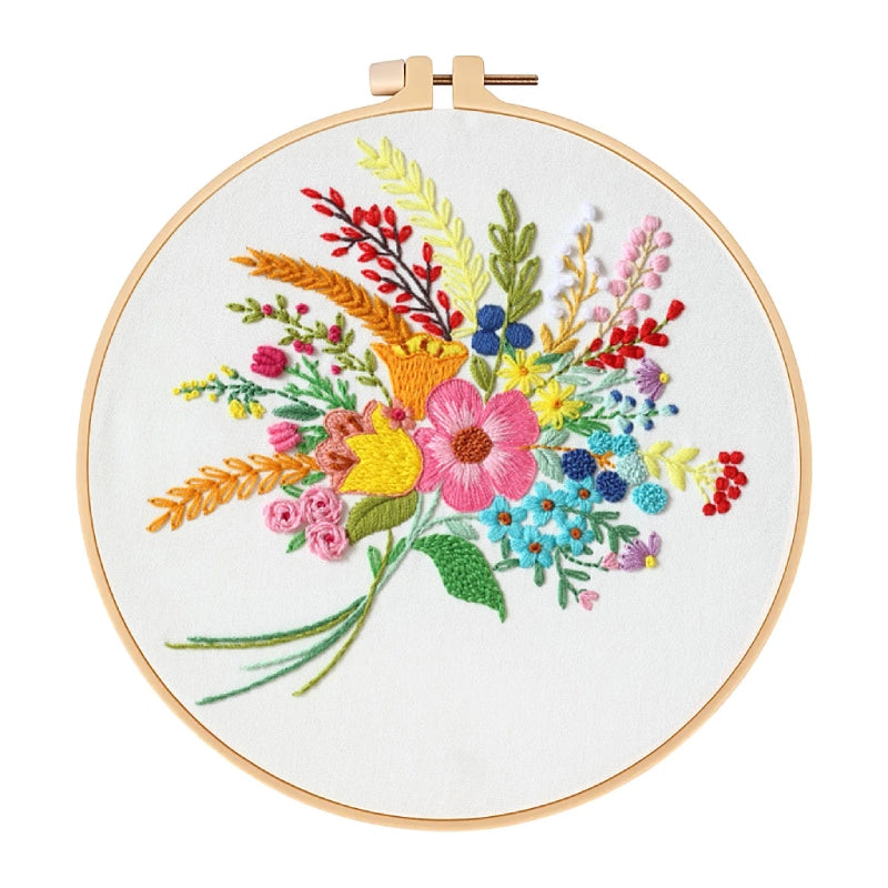 Embroidery hoop with colorful floral design on a white background