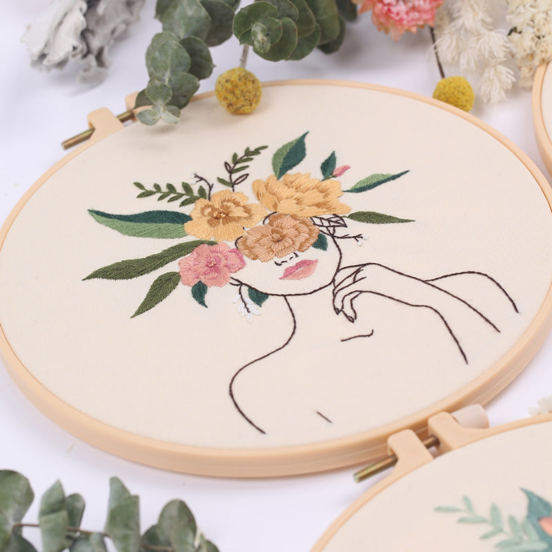 Embroidery hoop with floral design on a white background
