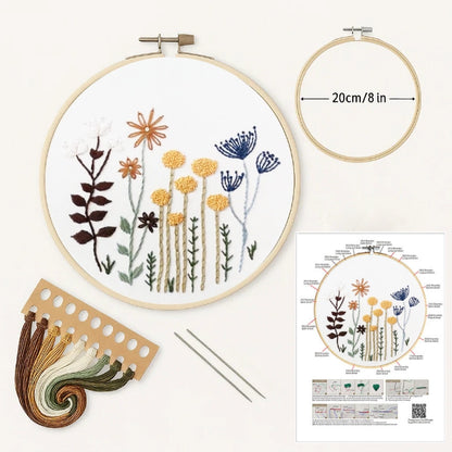 Embroidery hoop with floral design, threads, and pattern guide on a white background