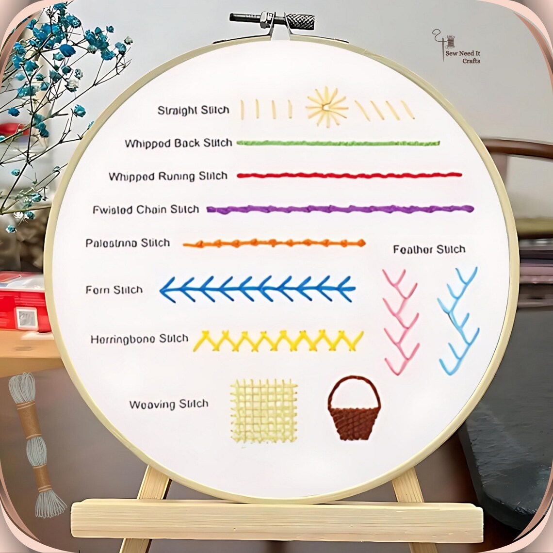 Embroidery hoop with stitch guide on a wooden stand