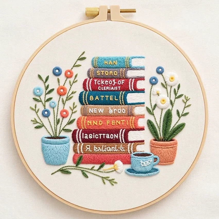 Embroidery hoop featuring a stack of colorful books, potted plants, and a teacup.