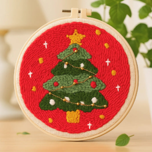 This punch needle artwork features a vibrant Christmas tree decorated with golden beads, colorful ornaments, and a shining star on top. The red background adds warmth and festive cheer, making it perfect for holiday décor or as a heartfelt handmade gift.