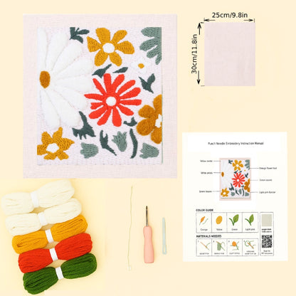 Floral embroidery kit with yarn, needle, and measurements on a beige background