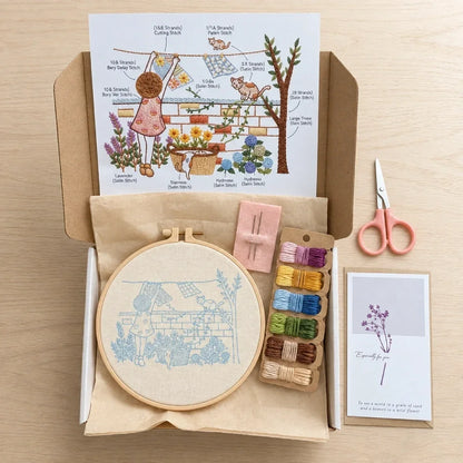 Embroidery kit with blue floral pattern, thread spools, scissors, and instructional guide.