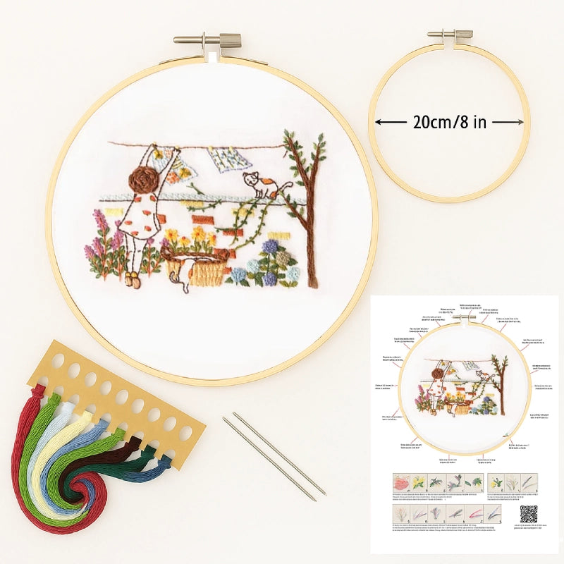 Embroidery hoop with a completed design, embroidery threads, and a diagram on a white background